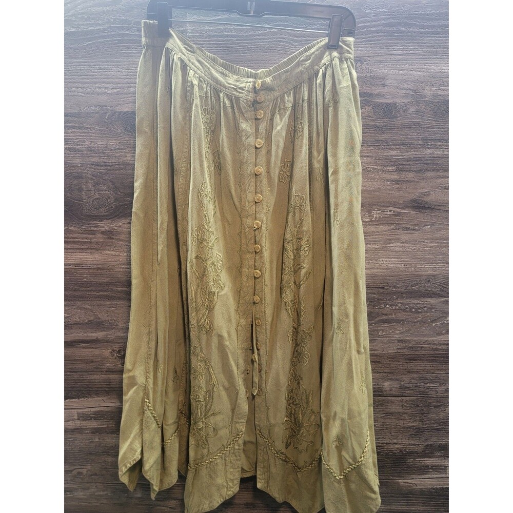 VTG Sportique Maxi Skirt Women L Green Embroidered Flowers Cottagecore Boho